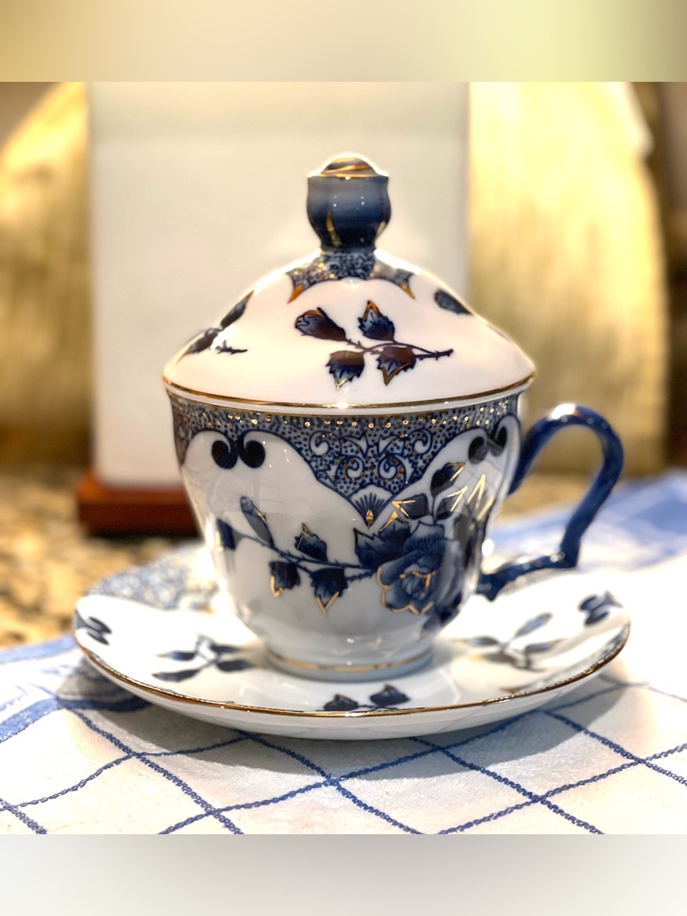 Bombay Teacup and Saucer with Lid - Blue and White with Gold Accents
